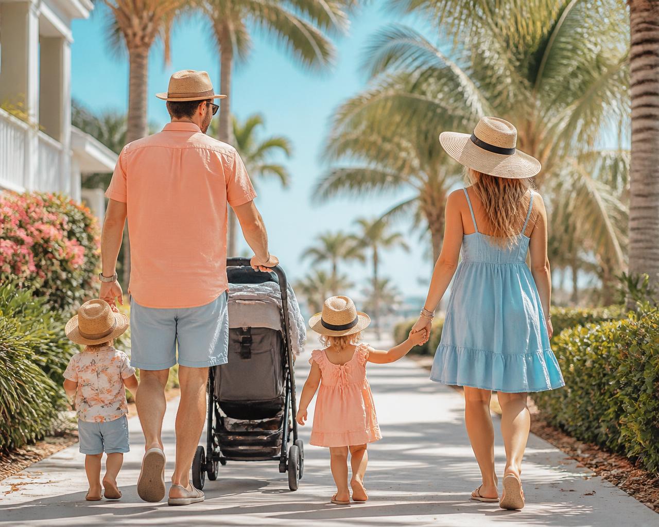 A family with two toddlers walking on a sunny Florida street